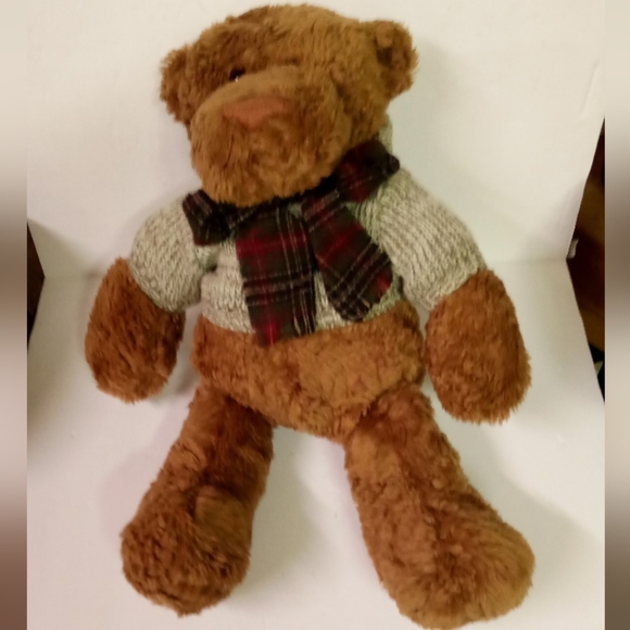 Gund Teddybear Nubuck Brown with Christmas Sweater & Plaid Scarf 18" - Picture 1 of 8
